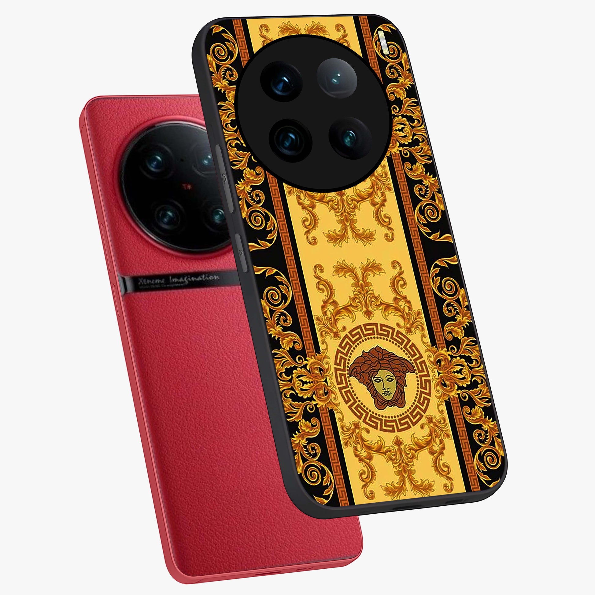 Golden Lotus Glow Glass Case displayed in angled mockup highlighting radiant lotus illustration with spiritual aesthetic.