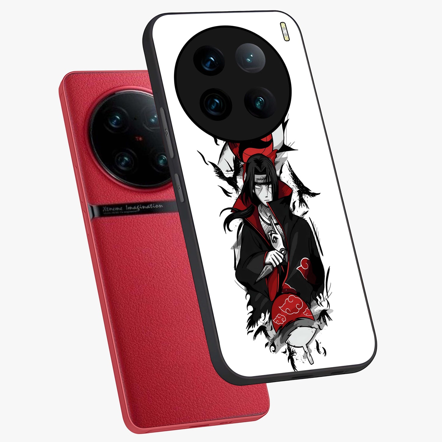 Itachi Limited Edition Naruto Anime Glass Case displayed in angled mockup highlighting dramatic anime illustration with bold action aesthetic.