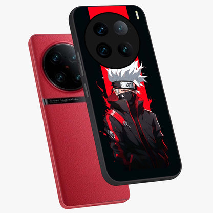 Kakashi Scarlet Shadow Glass Case displayed in angled mockup highlighting dramatic ninja illustration with scarlet themed aesthetic.