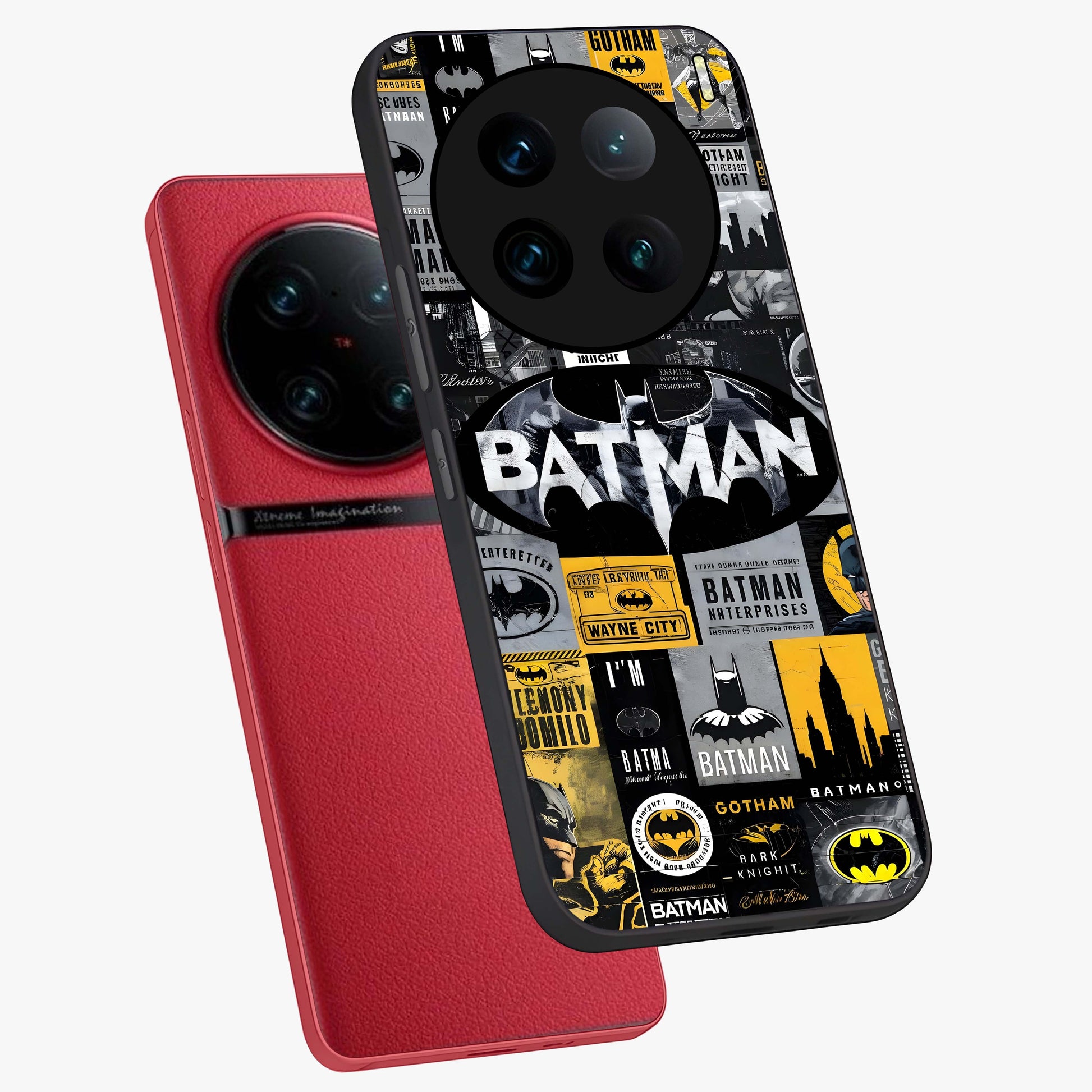Knight Gotham Rise Glass Case displayed in angled mockup highlighting powerful knight silhouette design with dramatic aesthetic.