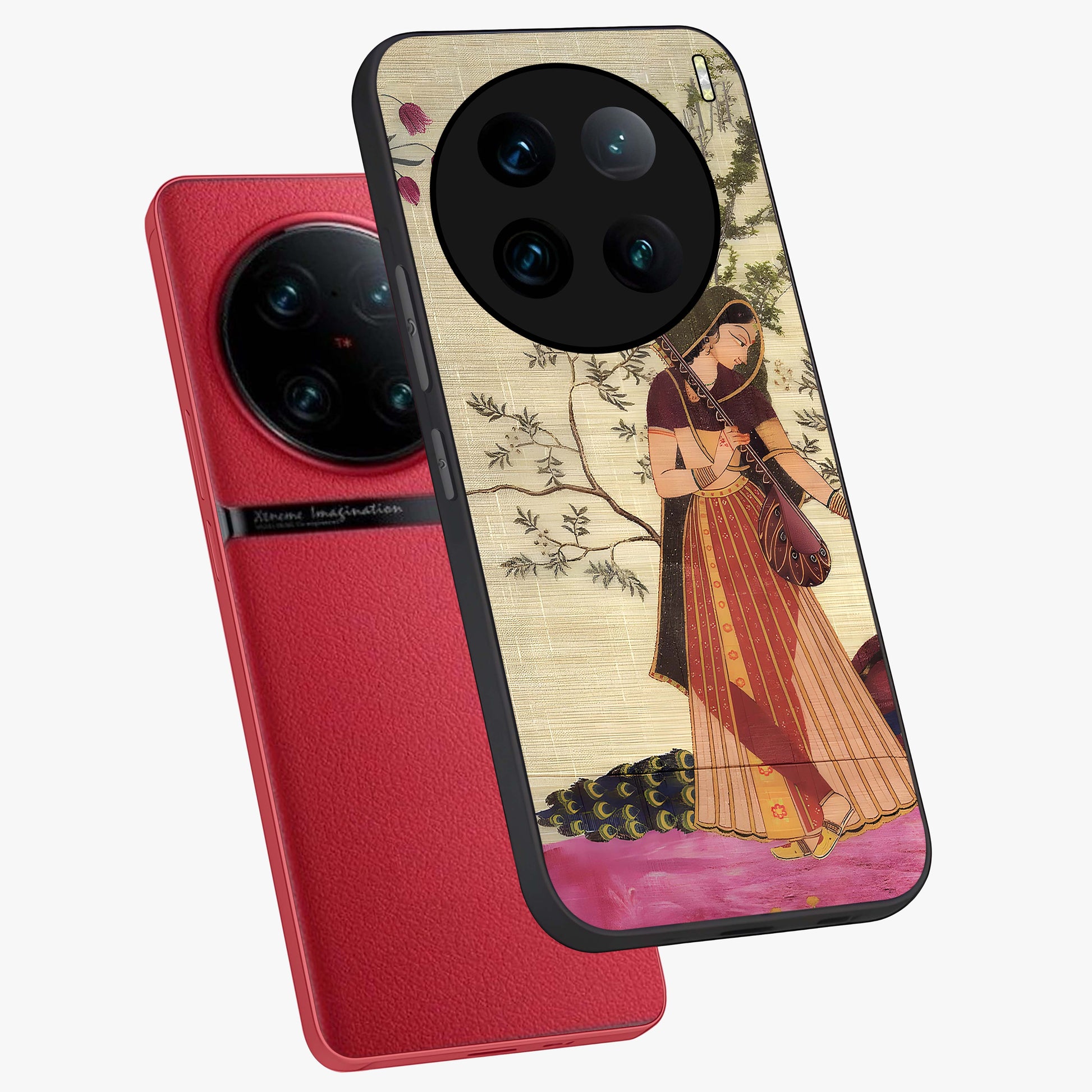 Lady With Veena Art Glass Case displayed in angled mockup highlighting graceful musical illustration with cultural artistic aesthetic.