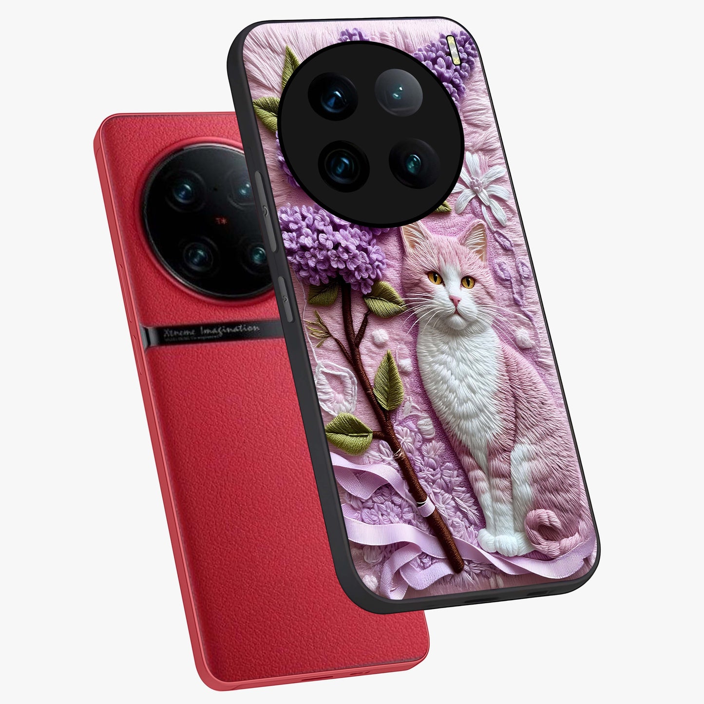 Lavender Cat Whimsy Glass Case displayed in angled mockup highlighting playful feline illustration with pastel lavender aesthetic.