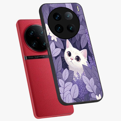 Lilac Hide Peek Cat Glass Case displayed in angled mockup highlighting playful feline illustration with lilac aesthetic design.