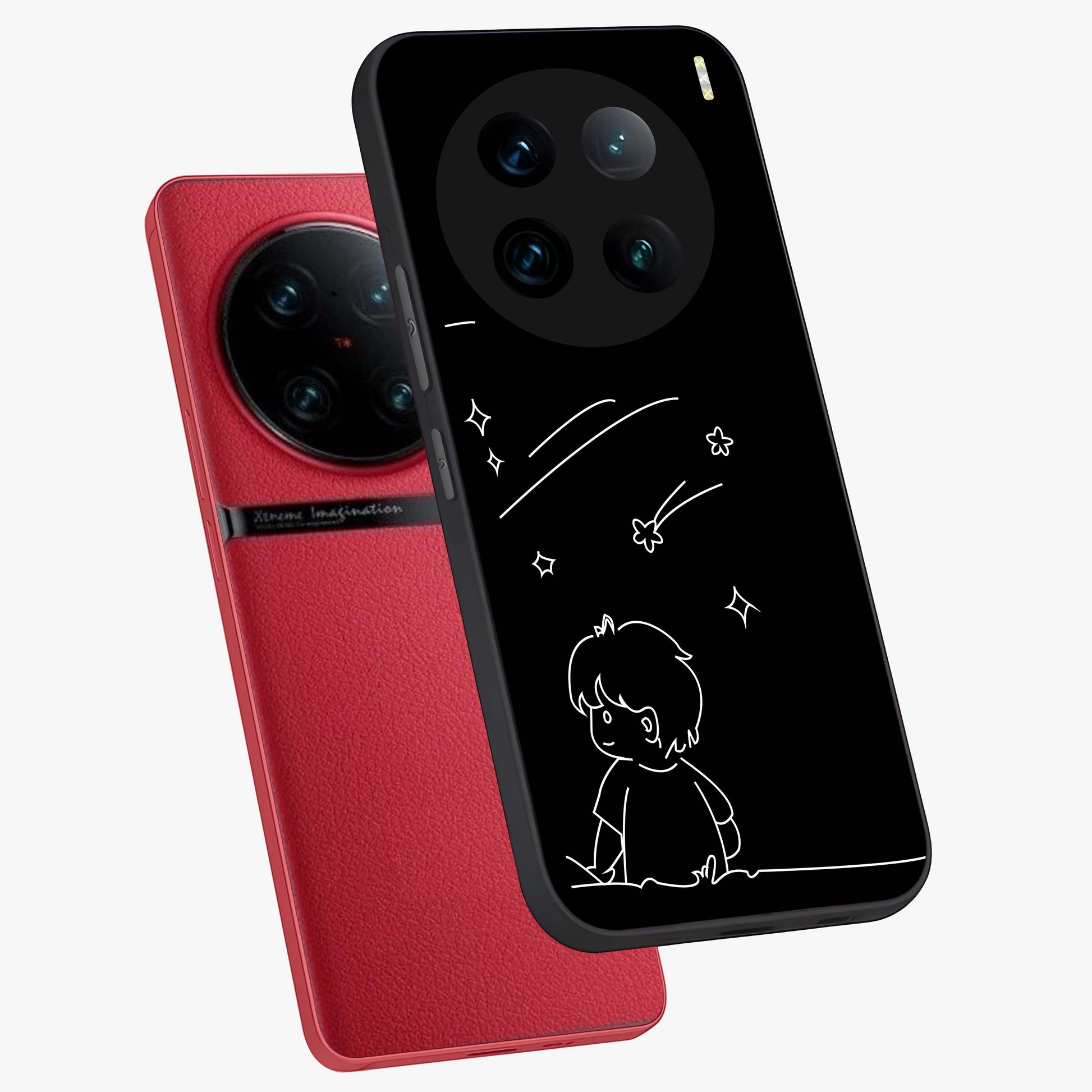 Line Art Boy With Shooting Stars Glass Case displayed in angled mockup highlighting elegant line art design with dreamy star aesthetic.