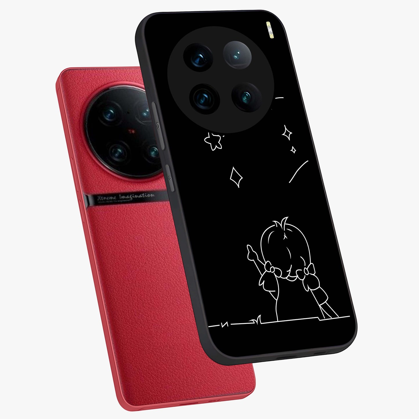 Line Art Girl With Shooting Stars Glass Case displayed in angled mockup highlighting elegant line art design with dreamy star aesthetic.
