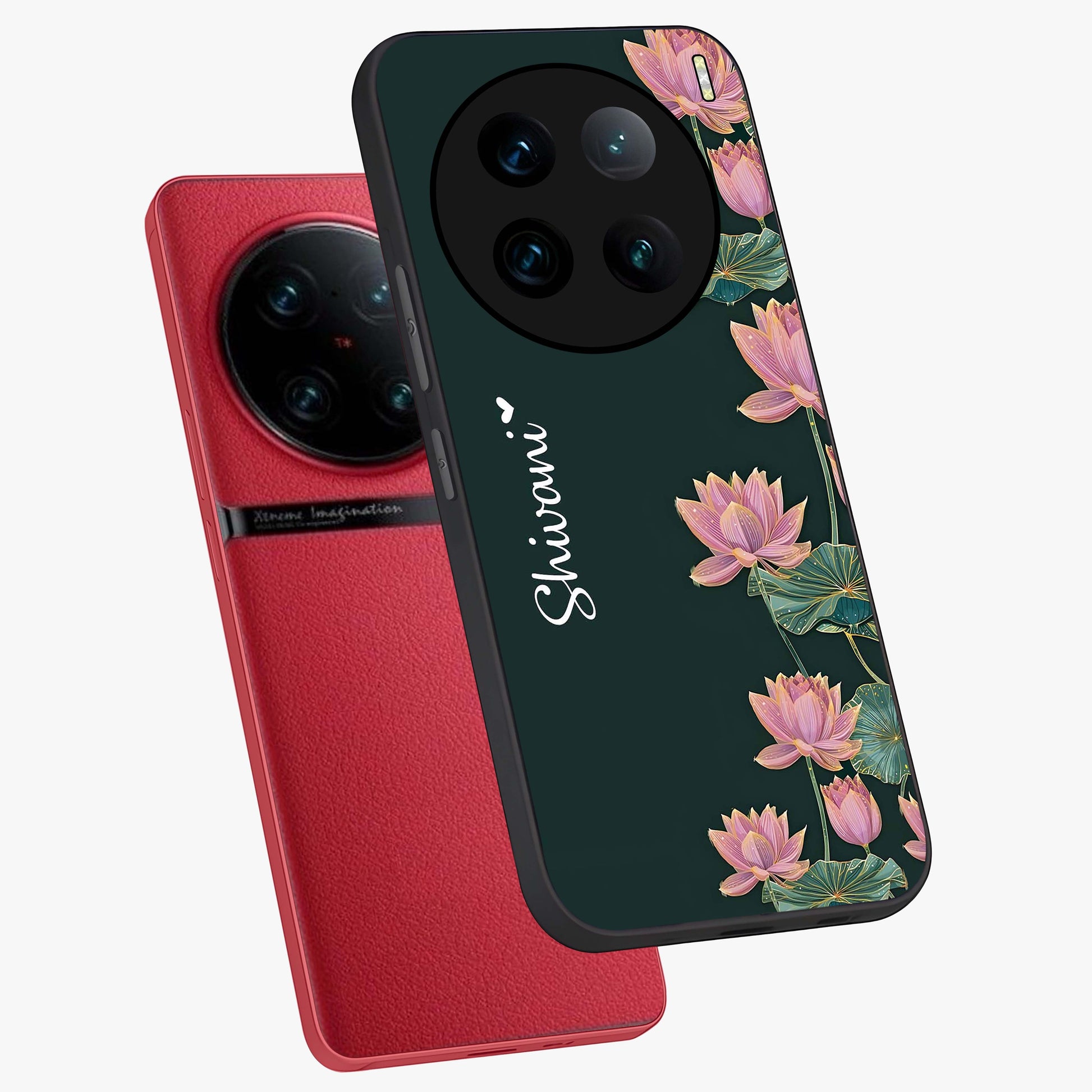 Lotus Bloom Serenity Custom Name Glass Case displayed in angled mockup highlighting graceful lotus illustration with custom name feature.