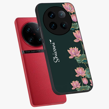 Lotus Bloom Serenity Custom Name Glass Case displayed in angled mockup highlighting graceful lotus illustration with custom name feature.
