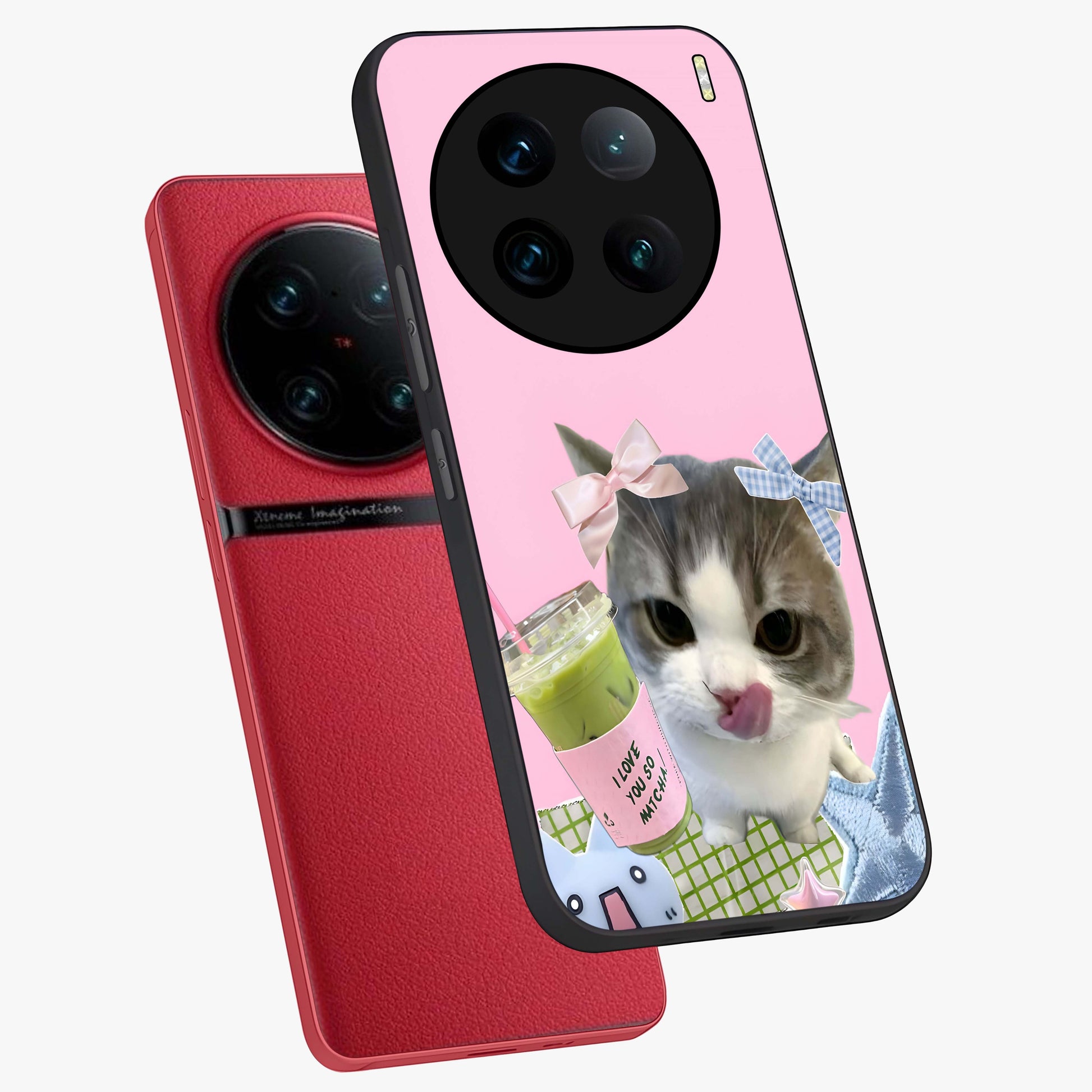 Love Matcha Cat Glass Case displayed in angled mockup highlighting playful feline illustration with cozy matcha aesthetic.