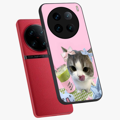 Love Matcha Cat Glass Case displayed in angled mockup highlighting playful feline illustration with cozy matcha aesthetic.