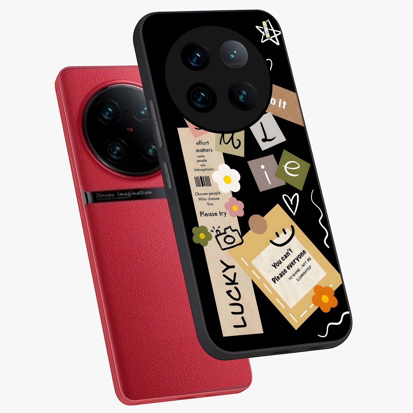 Lucky Aesthetic Collage Glass Case displayed in angled mockup highlighting stylish collage pattern with modern aesthetic vibe.