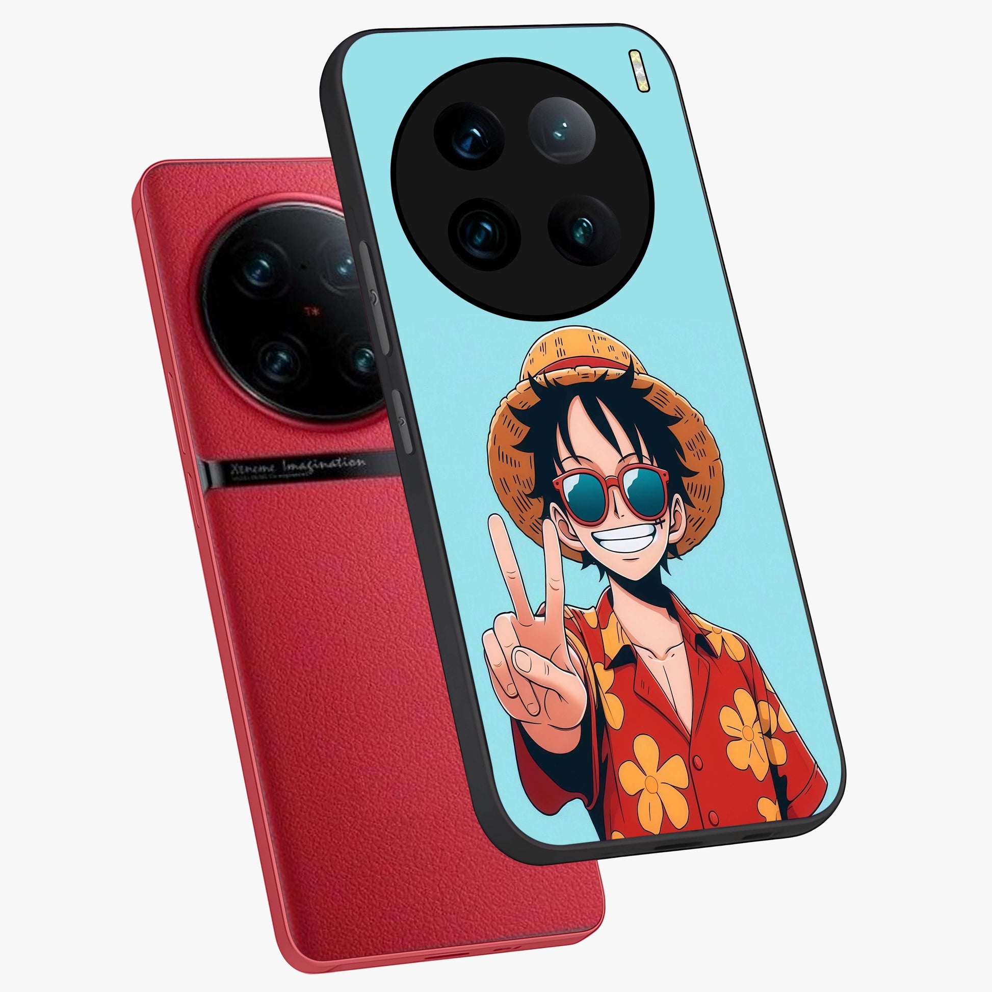 Luffy Summer Anime Vibe Glass Case displayed in angled mockup highlighting energetic anime illustration with summer vibe aesthetic.