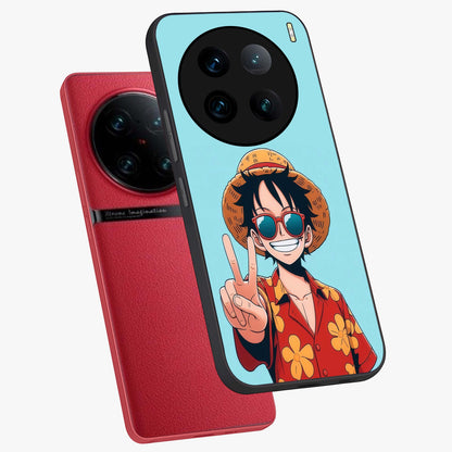 Luffy Summer Anime Vibe Glass Case displayed in angled mockup highlighting energetic anime illustration with summer vibe aesthetic.