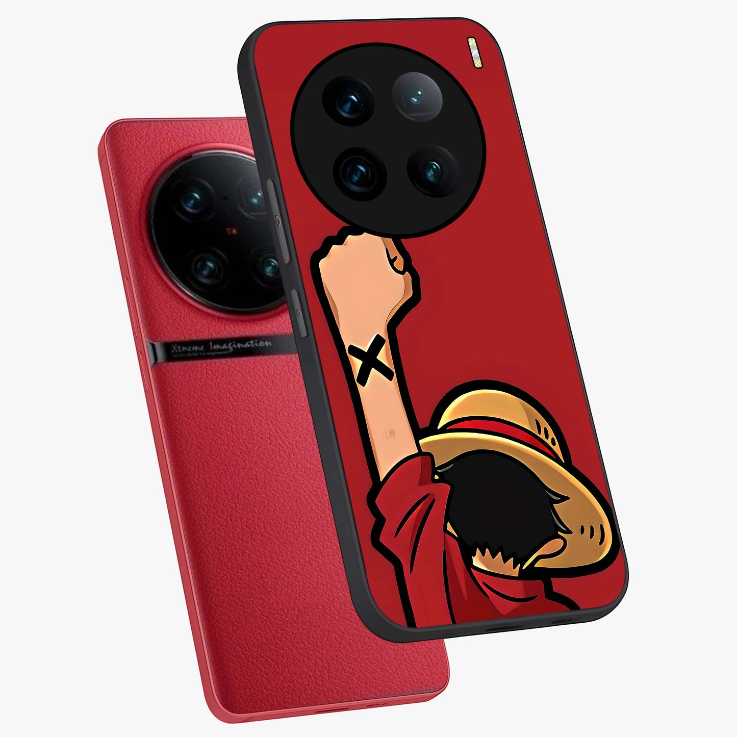 Luffy X Spirit Glass Case displayed in angled mockup highlighting powerful anime design with energetic action aesthetic.