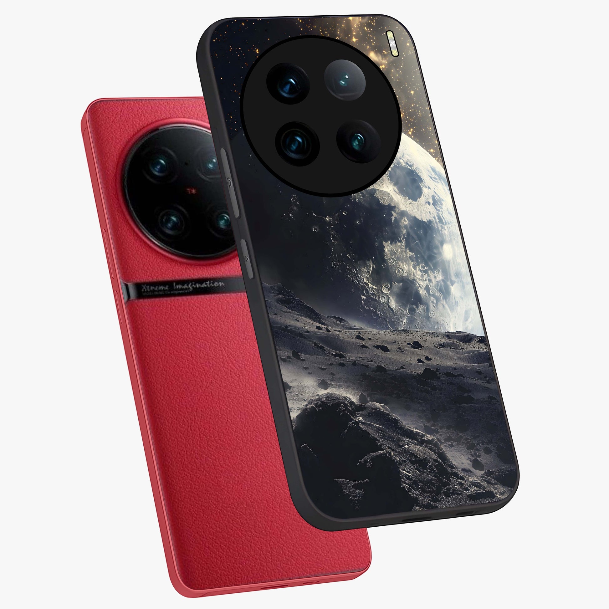 Lunar Horizon Glow Glass Case displayed in angled mockup highlighting celestial moon design with dreamy night aesthetic.