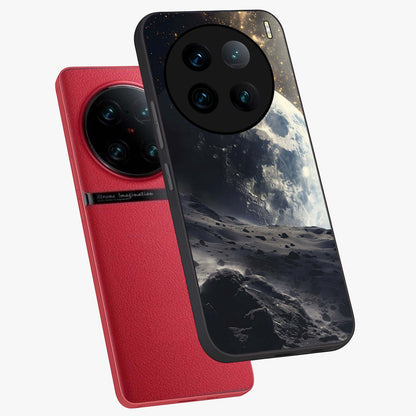 Lunar Horizon Glow Glass Case displayed in angled mockup highlighting celestial moon design with dreamy night aesthetic.