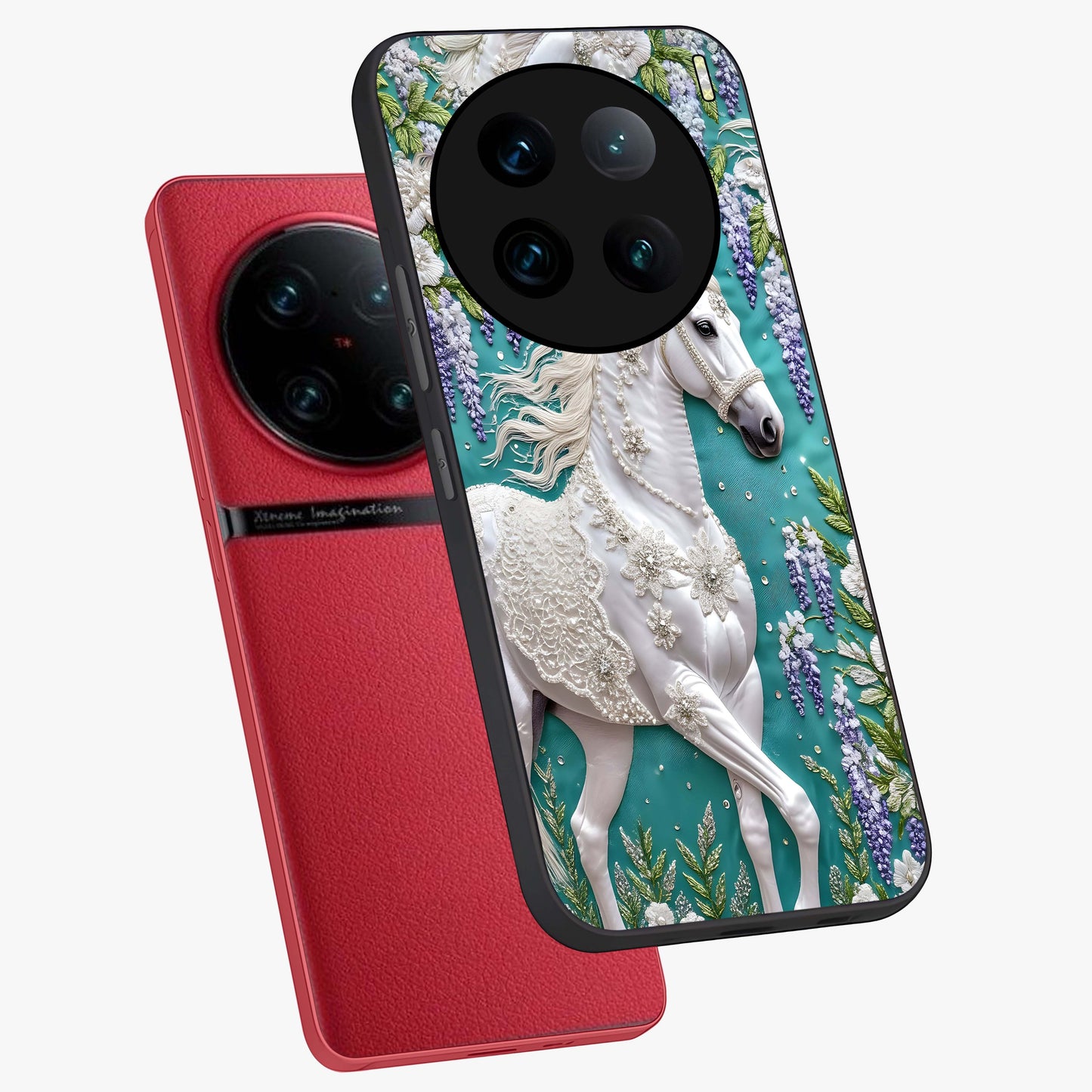 Majestic Floral Stallion Glass Case displayed in angled mockup highlighting majestic stallion illustration with elegant floral aesthetic.