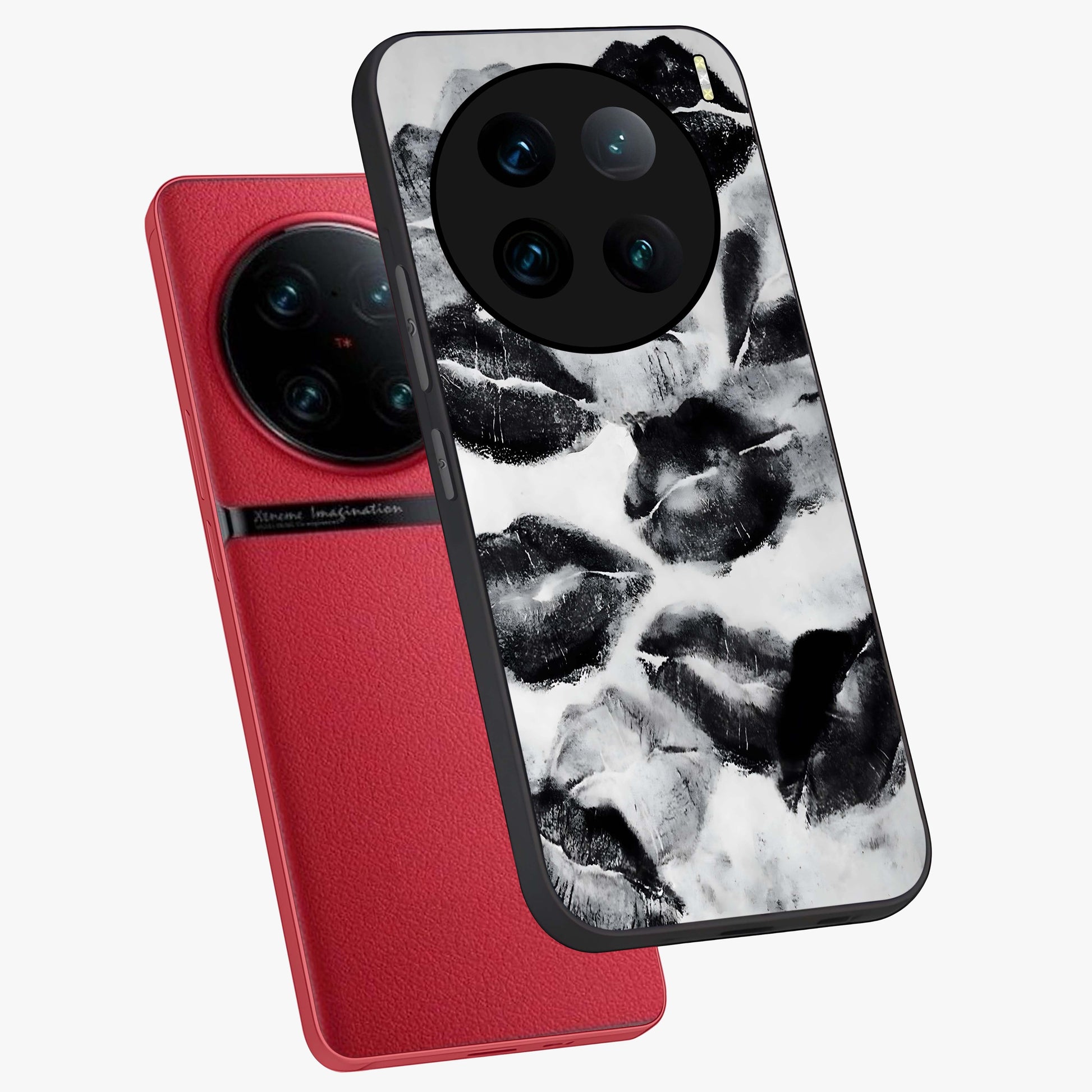 Midnight Kiss Marks Glass Case displayed in angled mockup highlighting playful romantic design with bold midnight aesthetic.