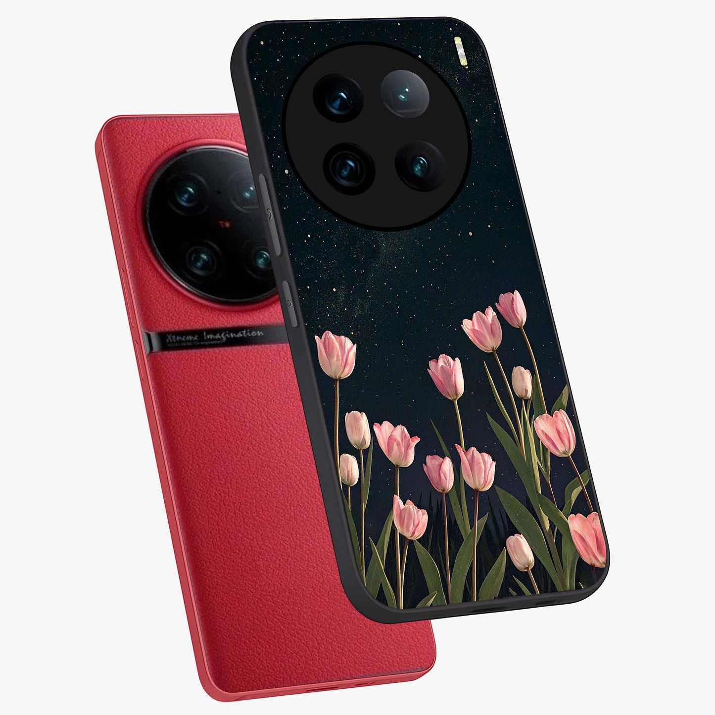 Midnight Tulip Whispers Vibe Glass Case displayed in angled mockup highlighting delicate tulip design with midnight floral aesthetic.