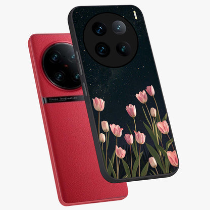 Midnight Tulip Whispers Vibe Glass Case displayed in angled mockup highlighting delicate tulip design with midnight floral aesthetic.