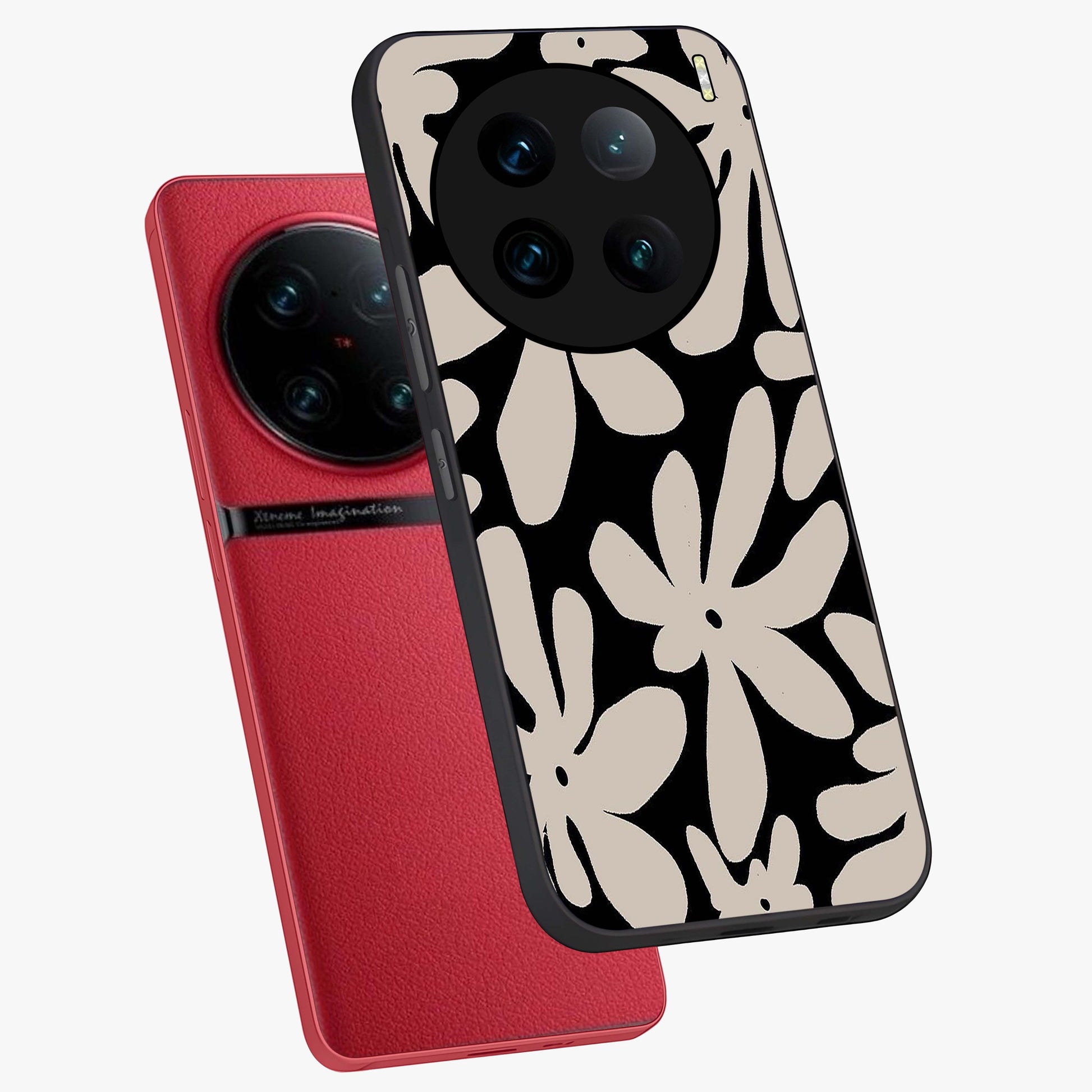 Monochrome Petal Dance Glass Case displayed in angled mockup highlighting elegant petal design with black and white aesthetic.