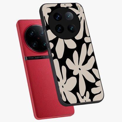 Monochrome Petal Dance Glass Case displayed in angled mockup highlighting elegant petal design with black and white aesthetic.