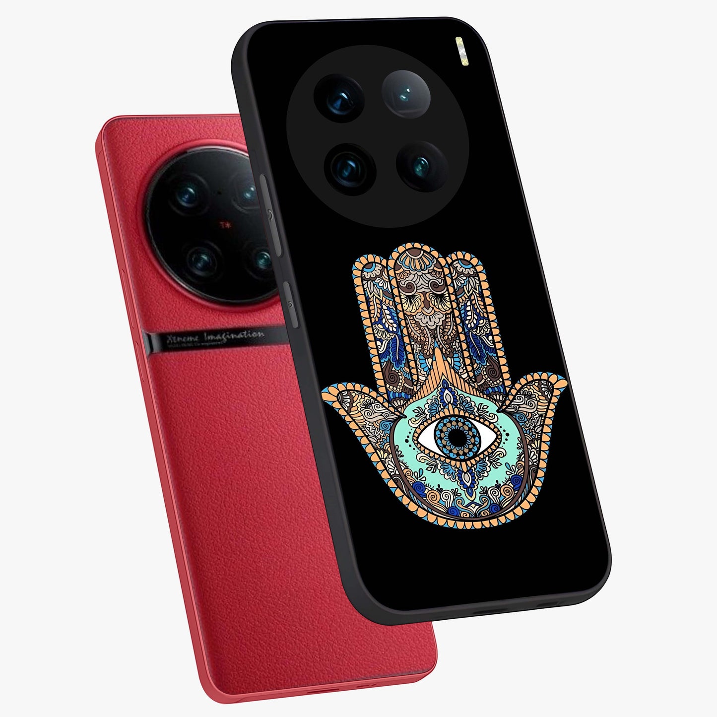 Mystic Hamsa Eye Glass Case displayed in angled mockup highlighting spiritual hamsa symbol with mystical aesthetic style.