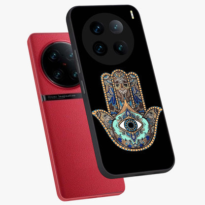 Mystic Hamsa Eye Glass Case displayed in angled mockup highlighting spiritual hamsa symbol with mystical aesthetic style.