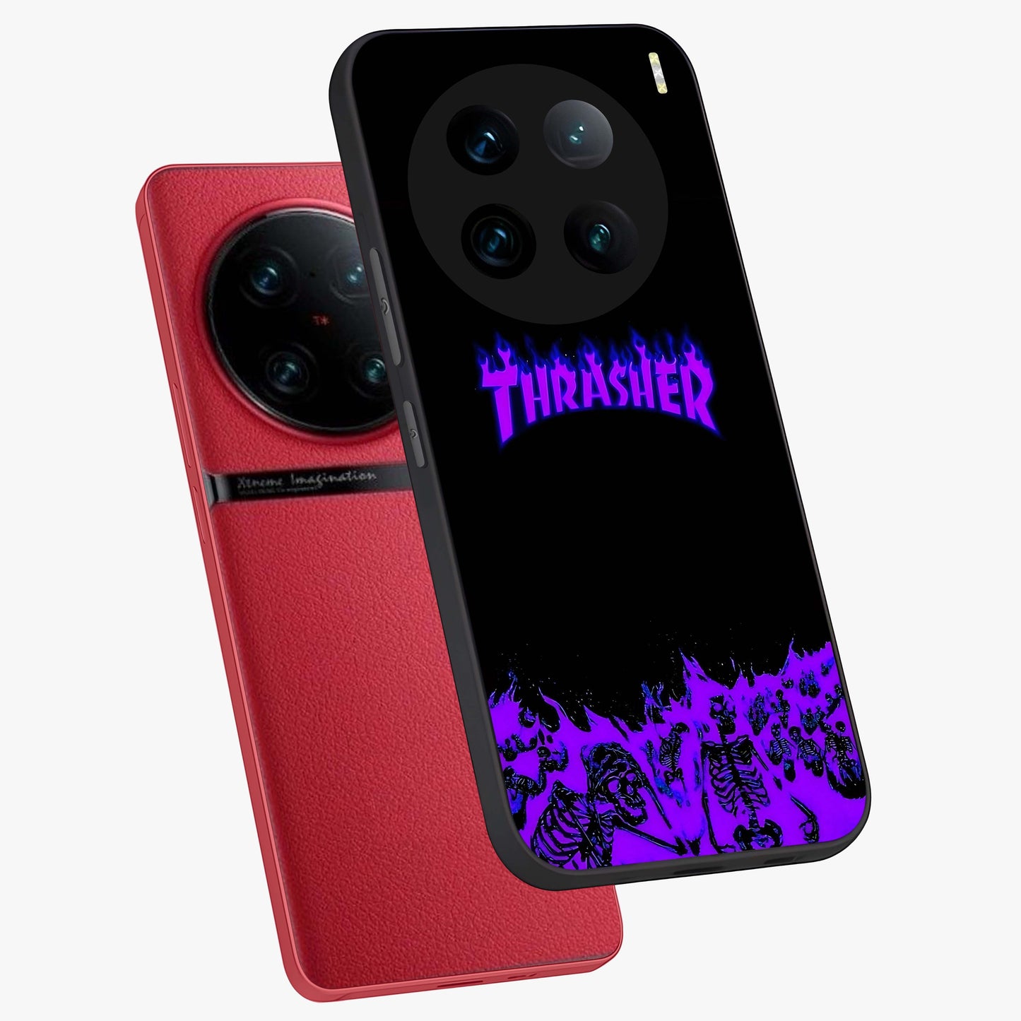 Neon Flame Riot Glass Case displayed in angled mockup highlighting glowing flame design with vibrant neon aesthetic.