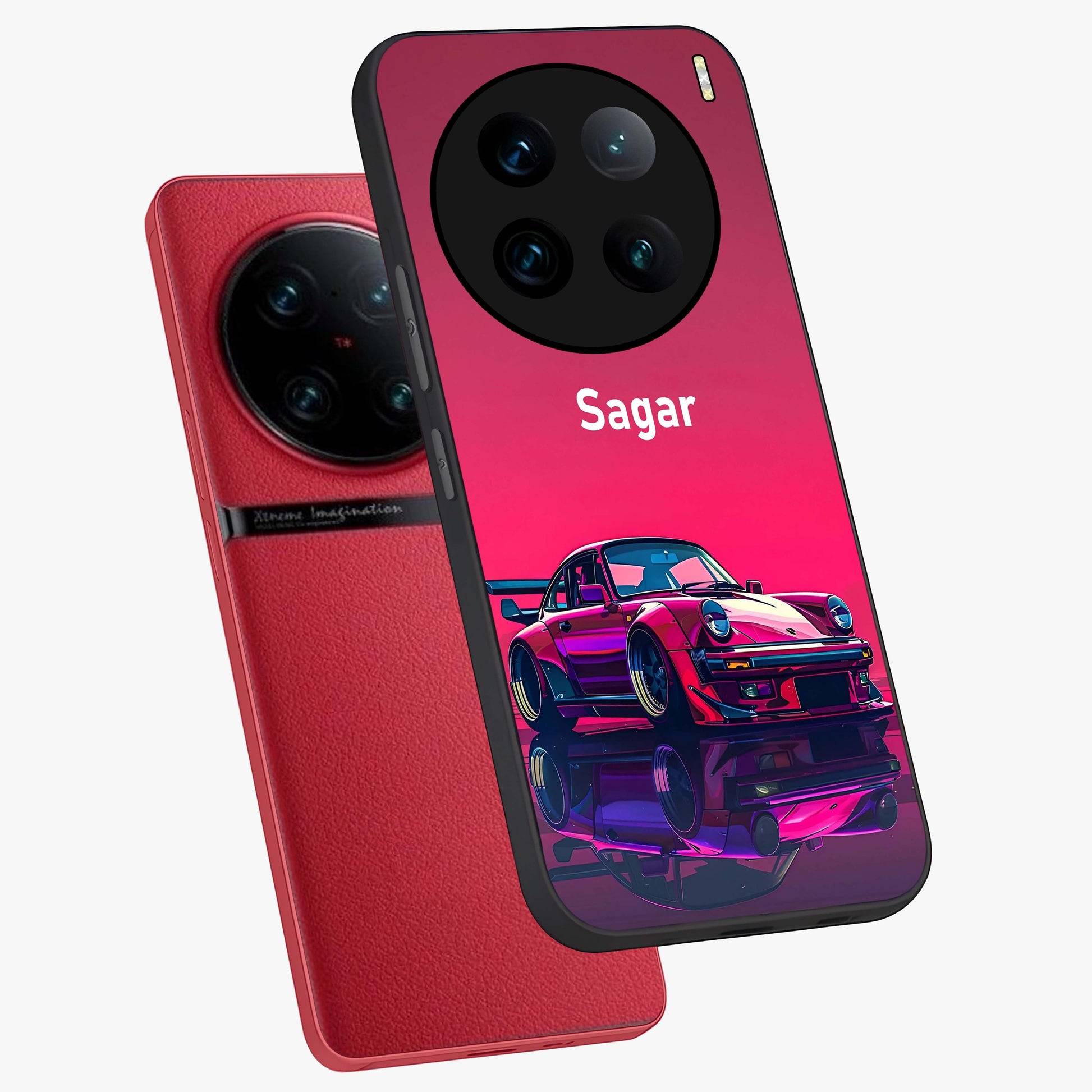 Neon Pink Porsche Glass Case displayed in angled mockup highlighting sleek neon pink car design with racing aesthetic.