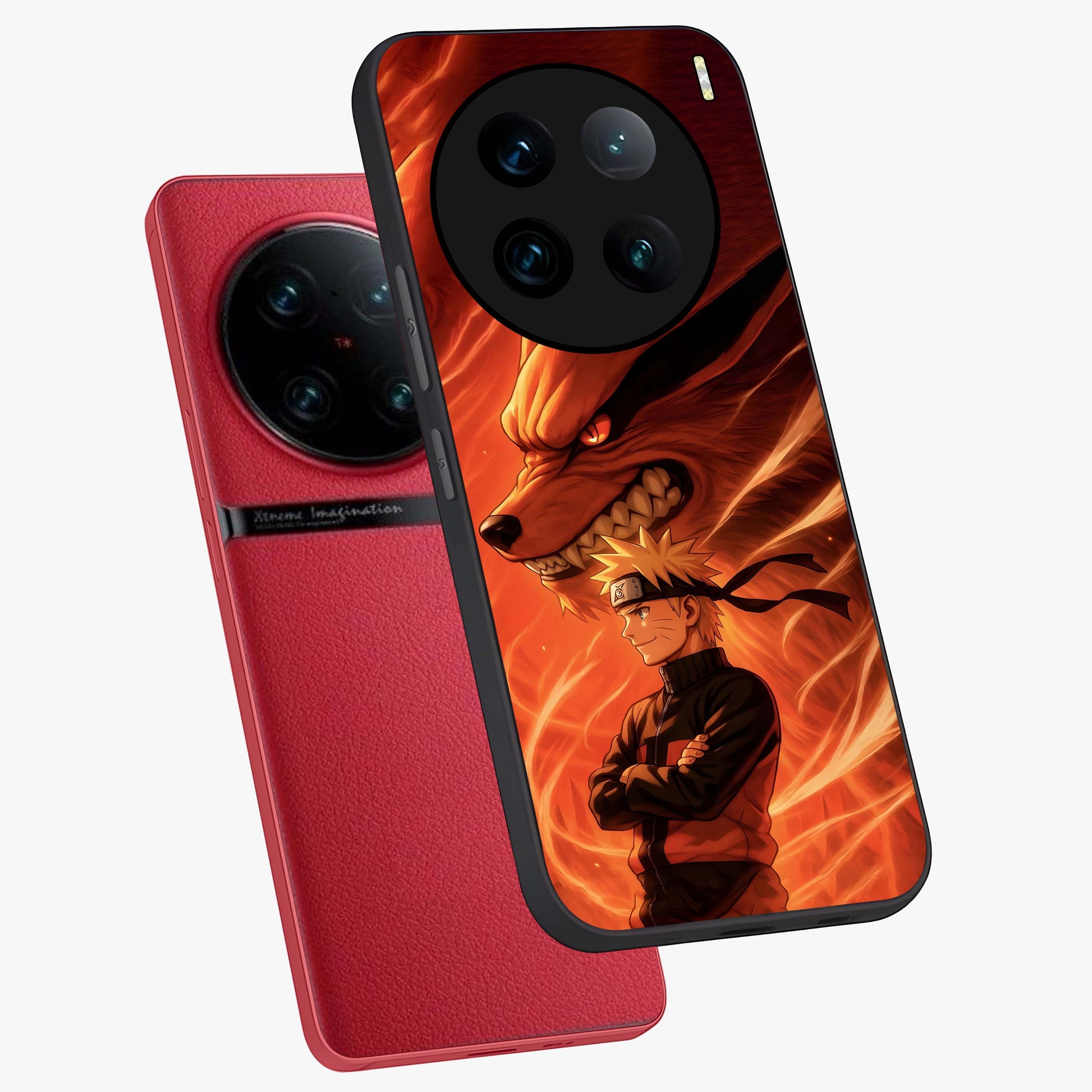 Nine Tails Legacy Glass Case displayed in angled mockup highlighting dynamic anime beast illustration with bold mystical aesthetic.