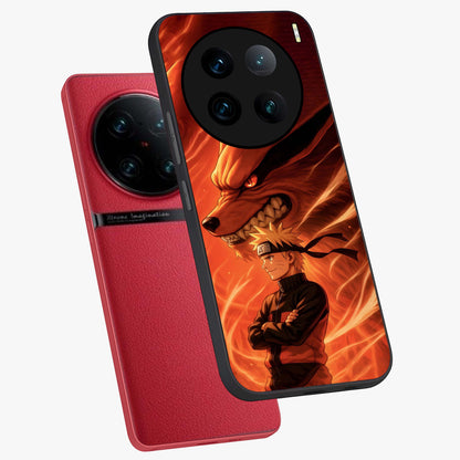 Nine Tails Legacy Glass Case displayed in angled mockup highlighting dynamic anime beast illustration with bold mystical aesthetic.