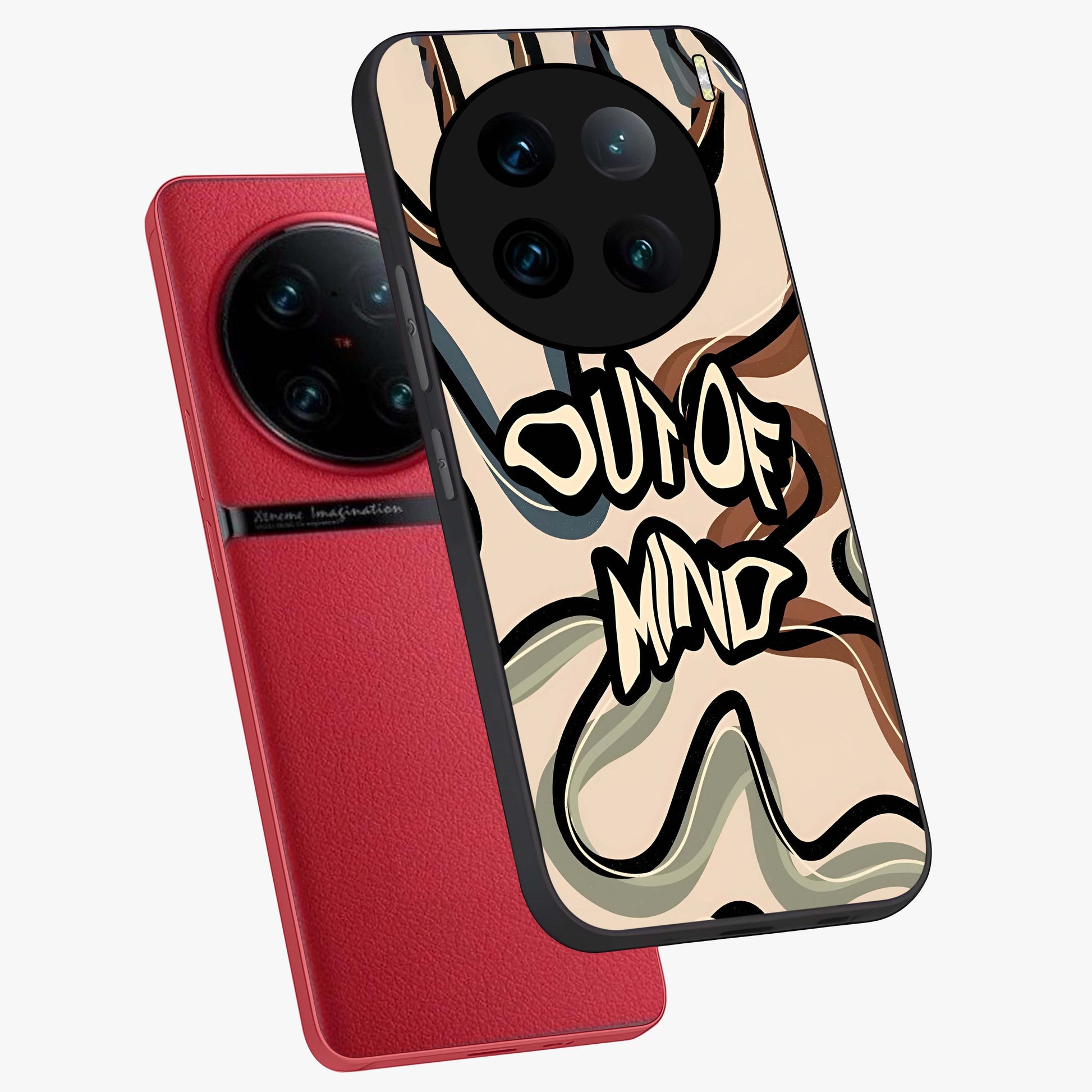 Out Of Mind Glass Case displayed in angled mockup highlighting bold statement design with modern artistic aesthetic.