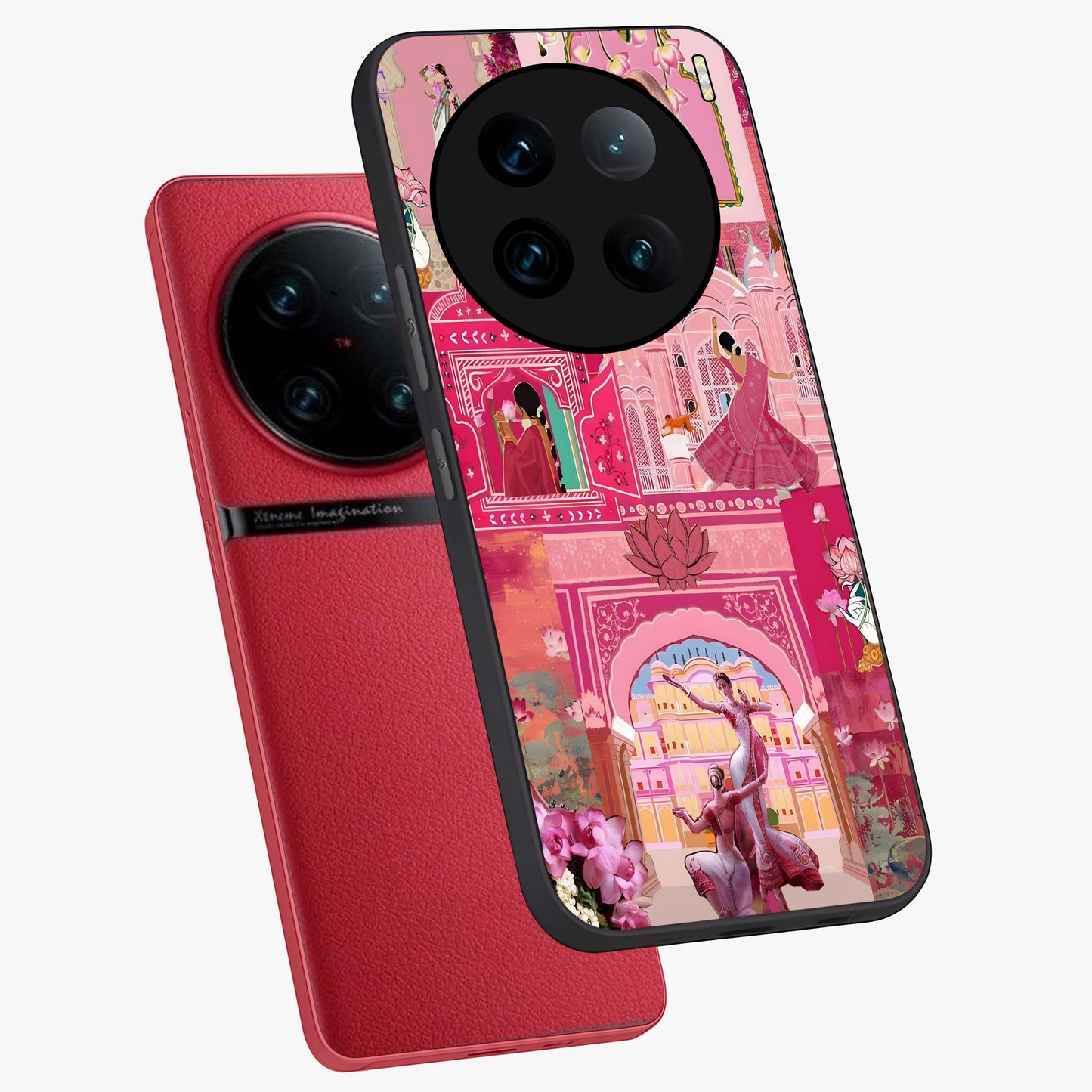 Pink Palace Muse Glass Case displayed in angled mockup highlighting dreamy palace illustration with soft pink aesthetic.