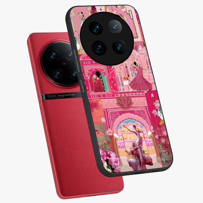 Pink Palace Muse Glass Case displayed in angled mockup highlighting dreamy palace illustration with soft pink aesthetic.