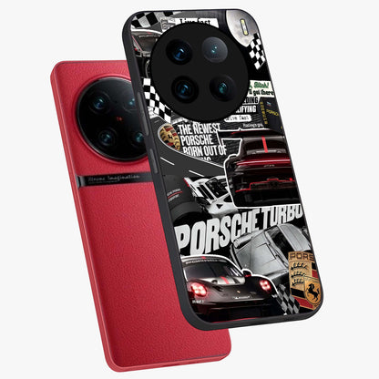 Porsche Racing Collage Glass Case displayed in angled mockup highlighting dynamic automotive design with bold racing aesthetic.