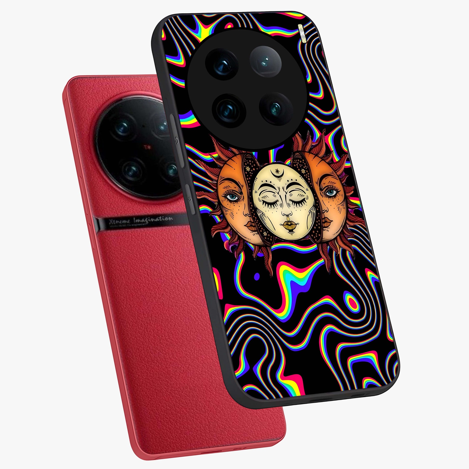Psychedelic Sun Glass Case displayed in angled mockup highlighting vibrant abstract sun design with artistic aesthetic style.
