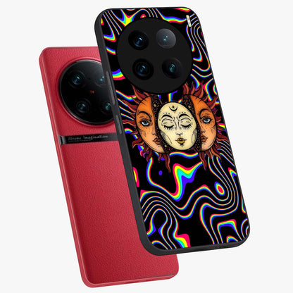 Psychedelic Sun Glass Case displayed in angled mockup highlighting vibrant abstract sun design with artistic aesthetic style.