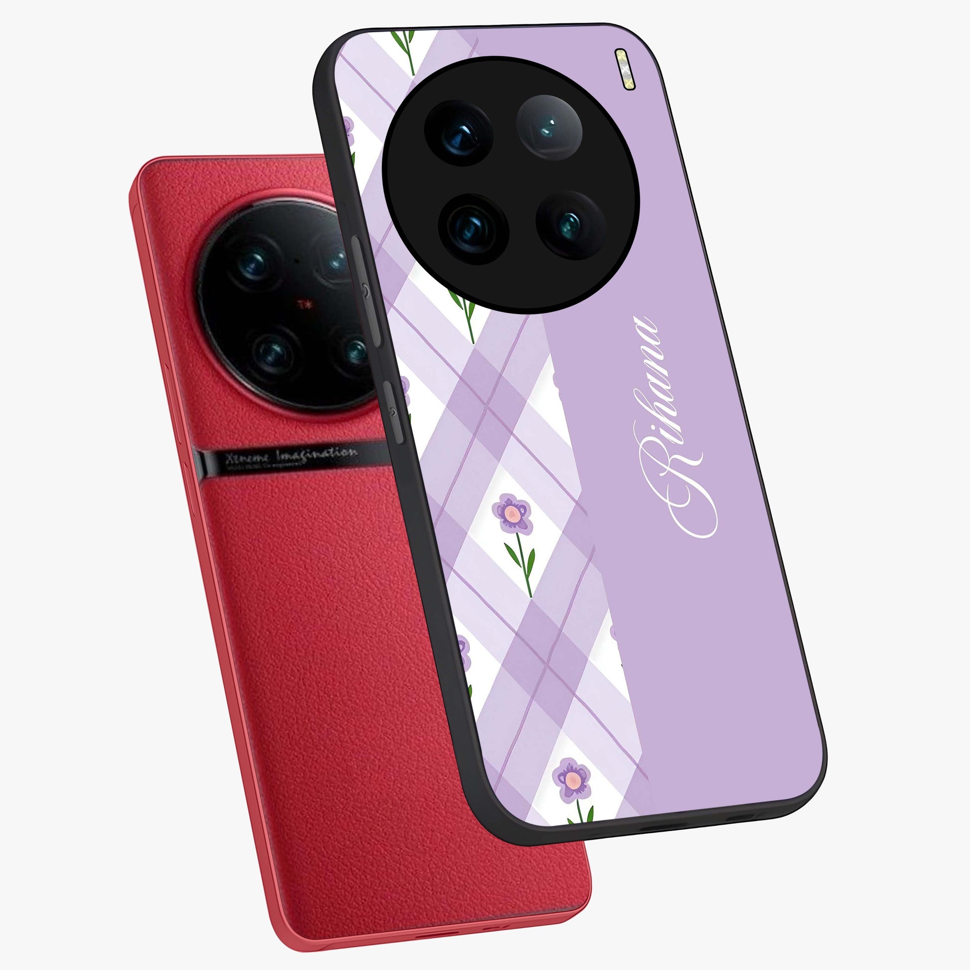 Purple Diamond Floral Glass Case displayed in angled mockup highlighting elegant purple flower design with decorative pattern.