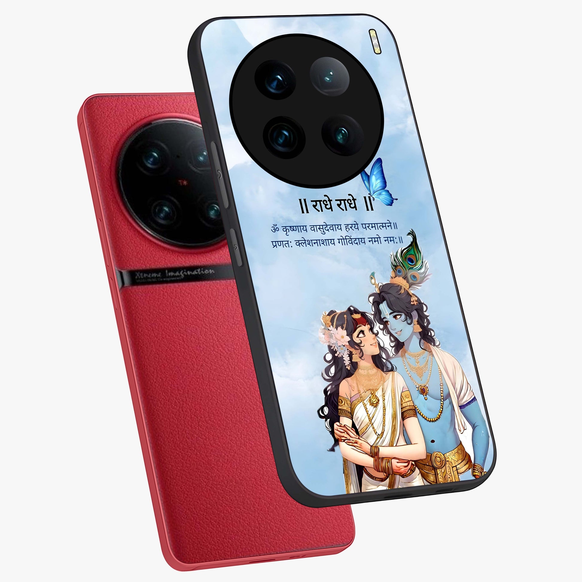 Radha Krishna Eternal Glass Case displayed in angled mockup highlighting divine Radha Krishna illustration with spiritual aesthetic.