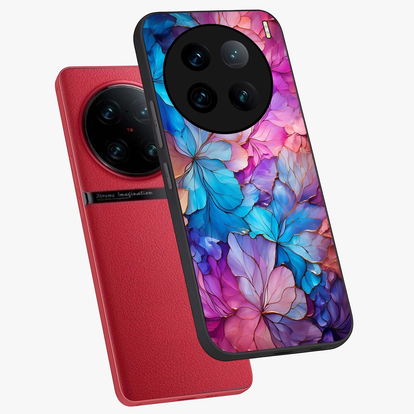 Radiant Floral Whirl Glass Case displayed in angled mockup highlighting vibrant flower pattern with dynamic artistic aesthetic.