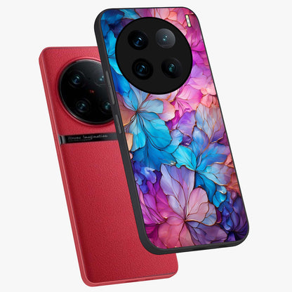 Radiant Floral Whirl Glass Case displayed in angled mockup highlighting vibrant flower pattern with dynamic artistic aesthetic.