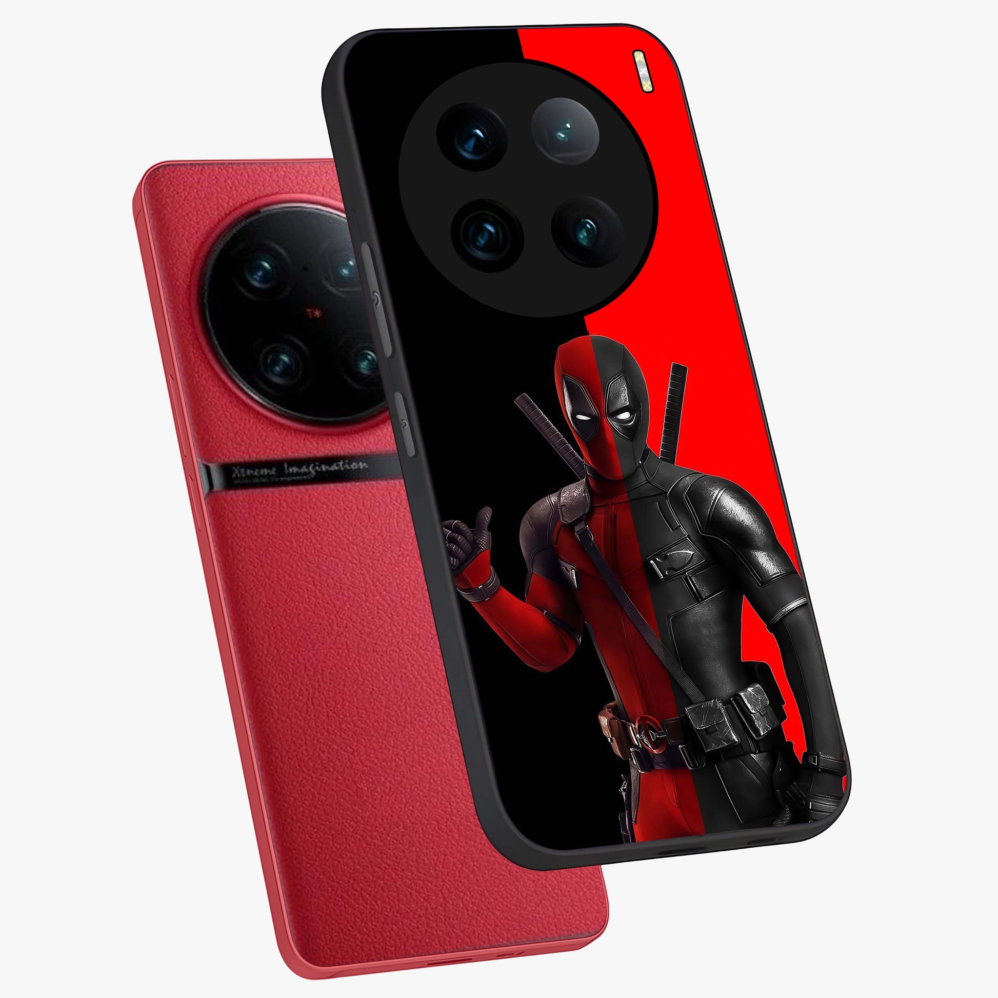 Red & Black Deadpool Theme Glass Case displayed in angled mockup highlighting vibrant superhero style illustration with action aesthetic.