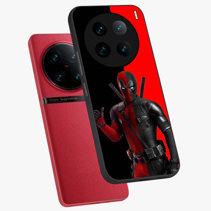 Red & Black Deadpool Theme Glass Case displayed in angled mockup highlighting vibrant superhero style illustration with action aesthetic.