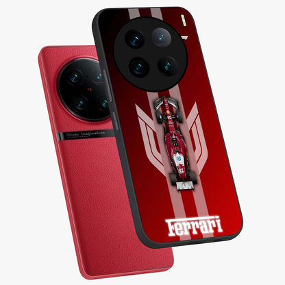 Red Ferrari F1 Vertical Glass Case displayed in angled mockup highlighting high speed racing design with bold automotive aesthetic.