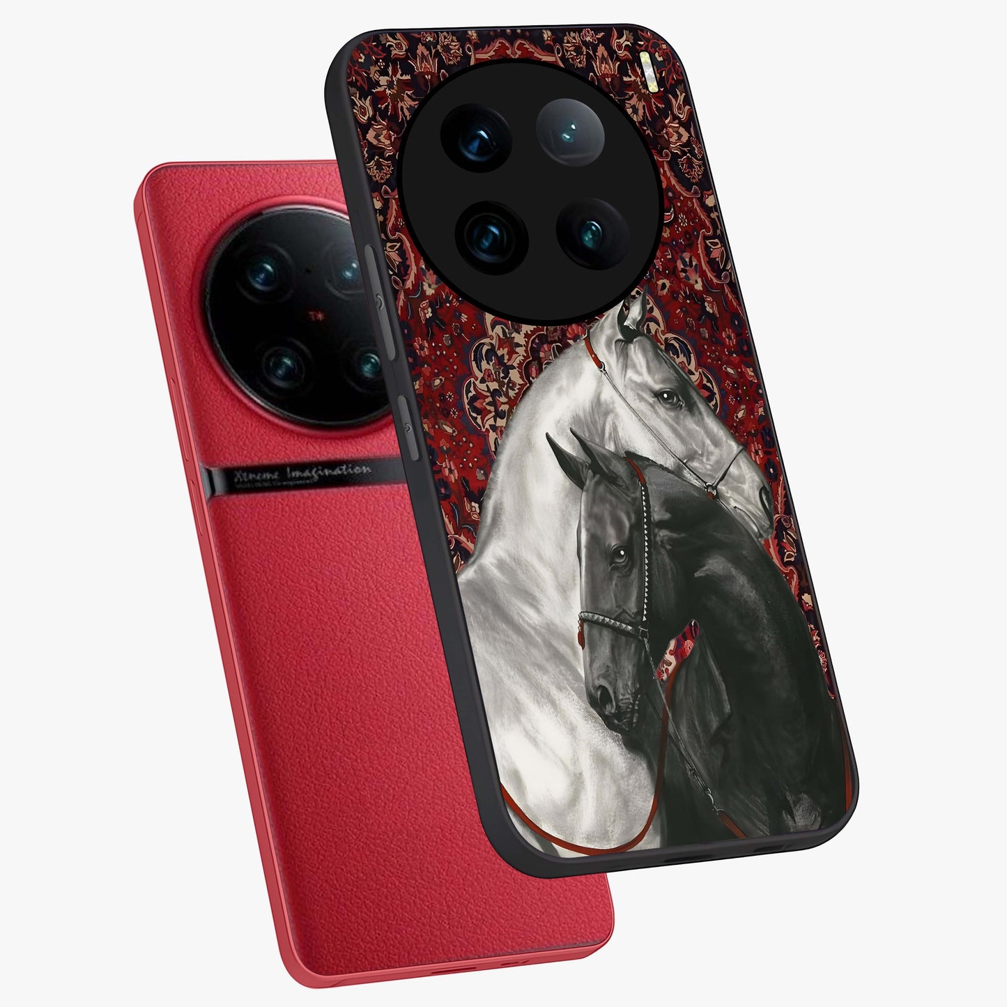 Regal Stallion Tapestry Glass Case displayed in angled mockup highlighting royal stallion design with decorative heritage aesthetic.