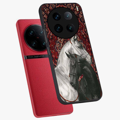 Regal Stallion Tapestry Glass Case displayed in angled mockup highlighting royal stallion design with decorative heritage aesthetic.