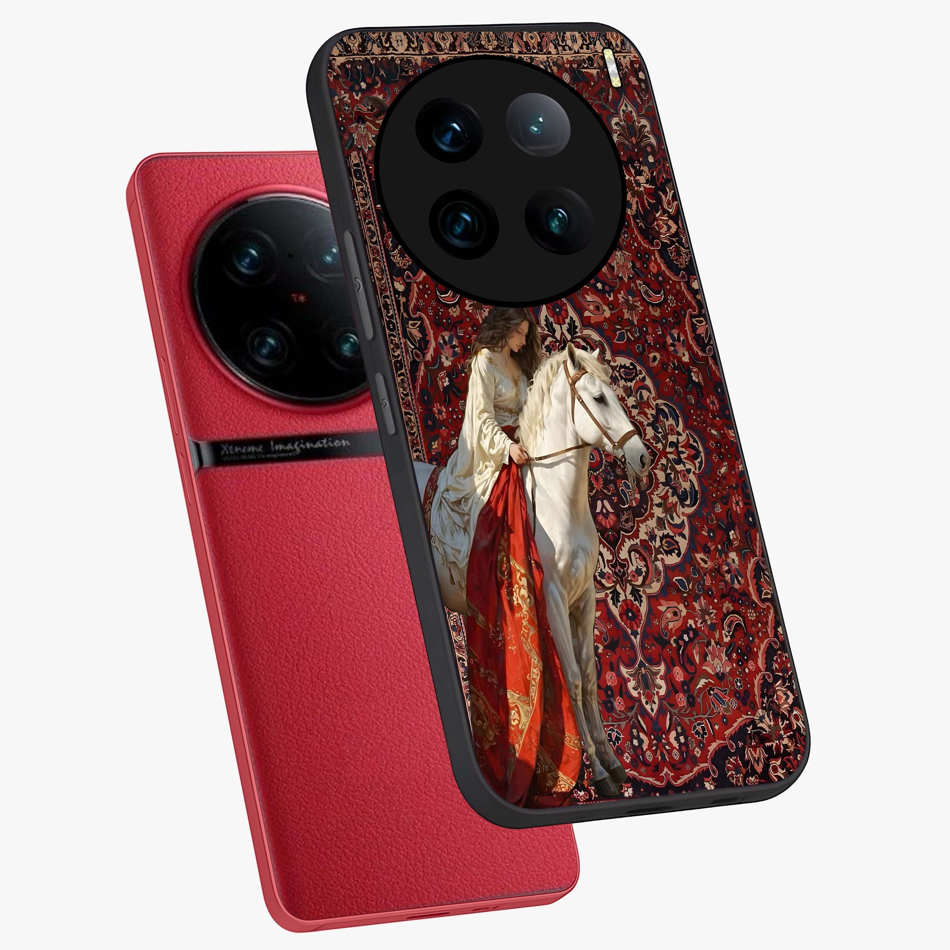 Royal Rider Tapestry Glass Case displayed in angled mockup highlighting traditional tapestry design with royal heritage aesthetic.