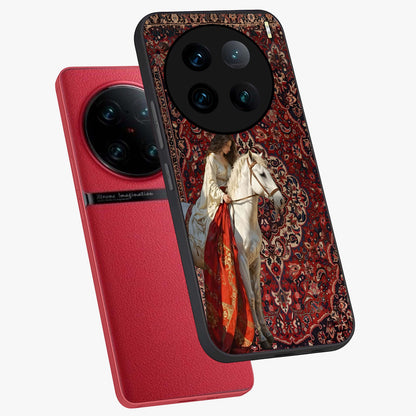 Royal Rider Tapestry Glass Case displayed in angled mockup highlighting traditional tapestry design with royal heritage aesthetic.