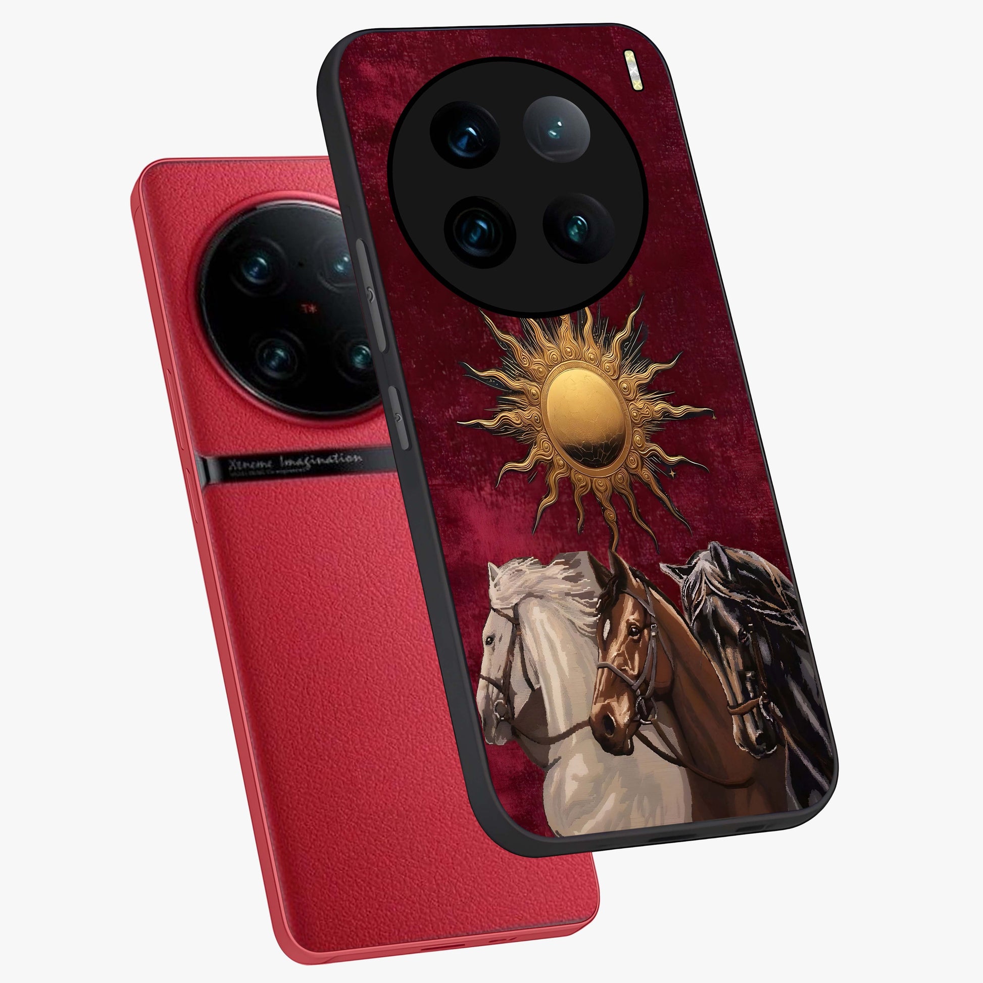 Solar Riders Glass Case displayed in angled mockup highlighting powerful rider illustration with radiant solar aesthetic.