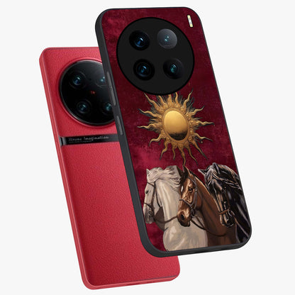 Solar Riders Glass Case displayed in angled mockup highlighting powerful rider illustration with radiant solar aesthetic.